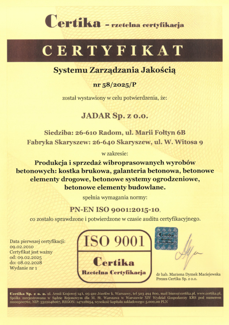 Certyfikat Systemu Zarządzania Jakością