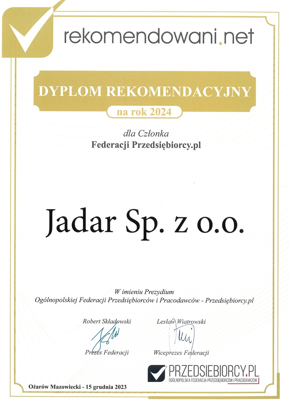 Dyplom rekomendacyjny 2024