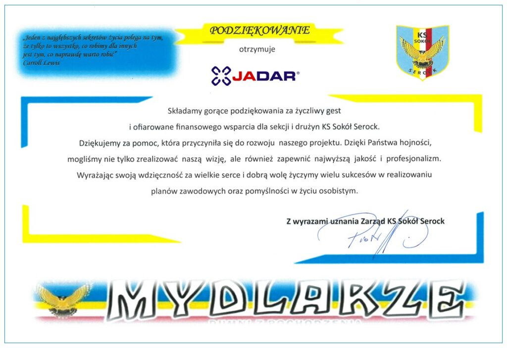 Podziękowanie Ks Sokół Serock Dla Jadar 2