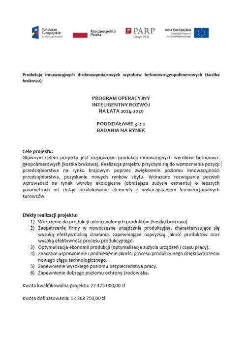 Produkcja innowacyjnych drobnowymiarowych wyrobów betonowo-geopolimerowych (kostka brukowa)