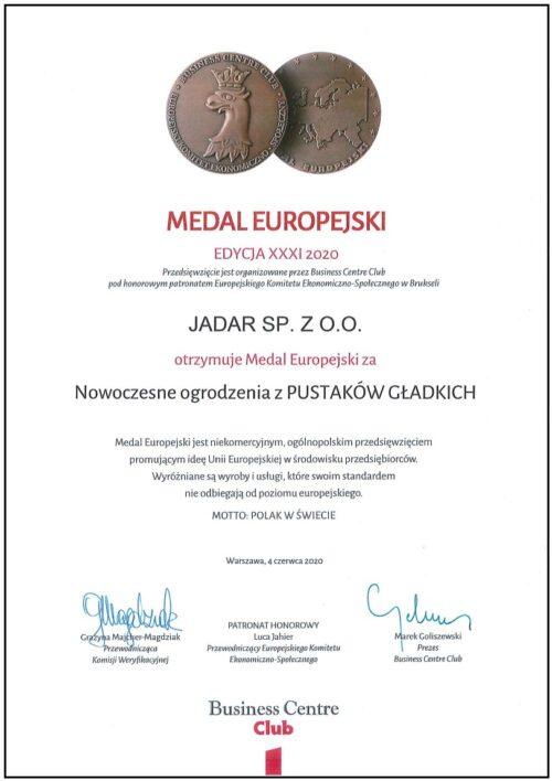 Medal Europejski za Nowoczesne ogrodzenia z PUSTAKÓW GŁADKICH