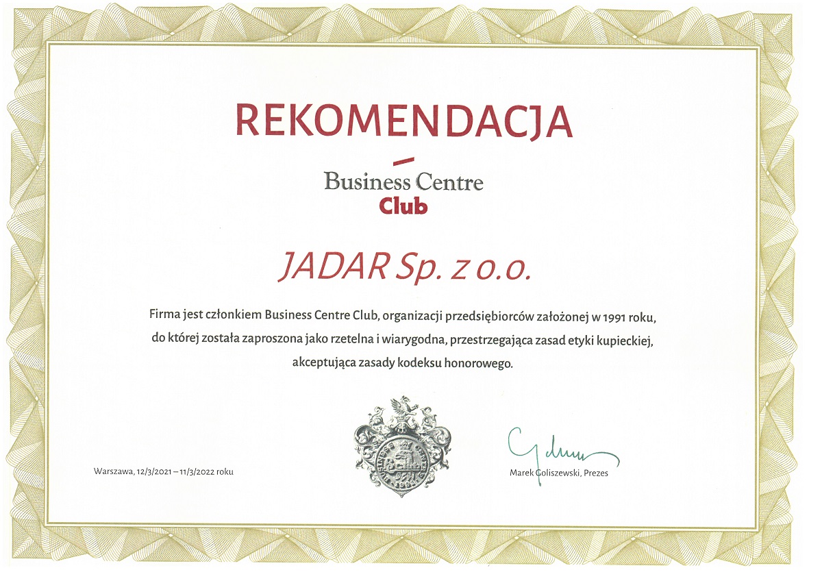 Rekomendacja dla Jadar BCC 2021