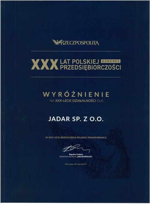 JADAR wyróżniony na kongresie „XXX lat polskiej przedsiębiorczości”